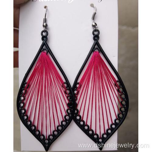 Alloy Frame Silk Thread Leaf Shape Handcraft Dangle Earrings